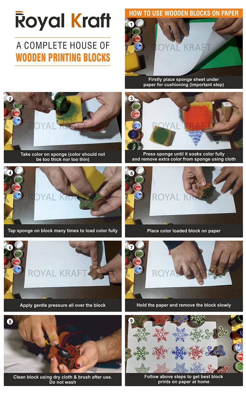 Royal Kraft Wooden Stamps for Block Printing on Saree Border, Textile, Clay, Pottery, Tattoo (Set of 10) MXtag0013
