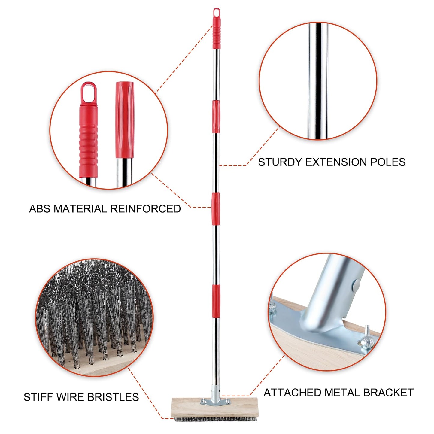 Mitclear Heavy Duty Wire Broom with Telescopic Handle(57IN), Stiff Metal Bristle Brush for Removing Weed Moss, Outdoor Floor Scrub Brush for Patio, Deck, Garden, Concrete, Garage
