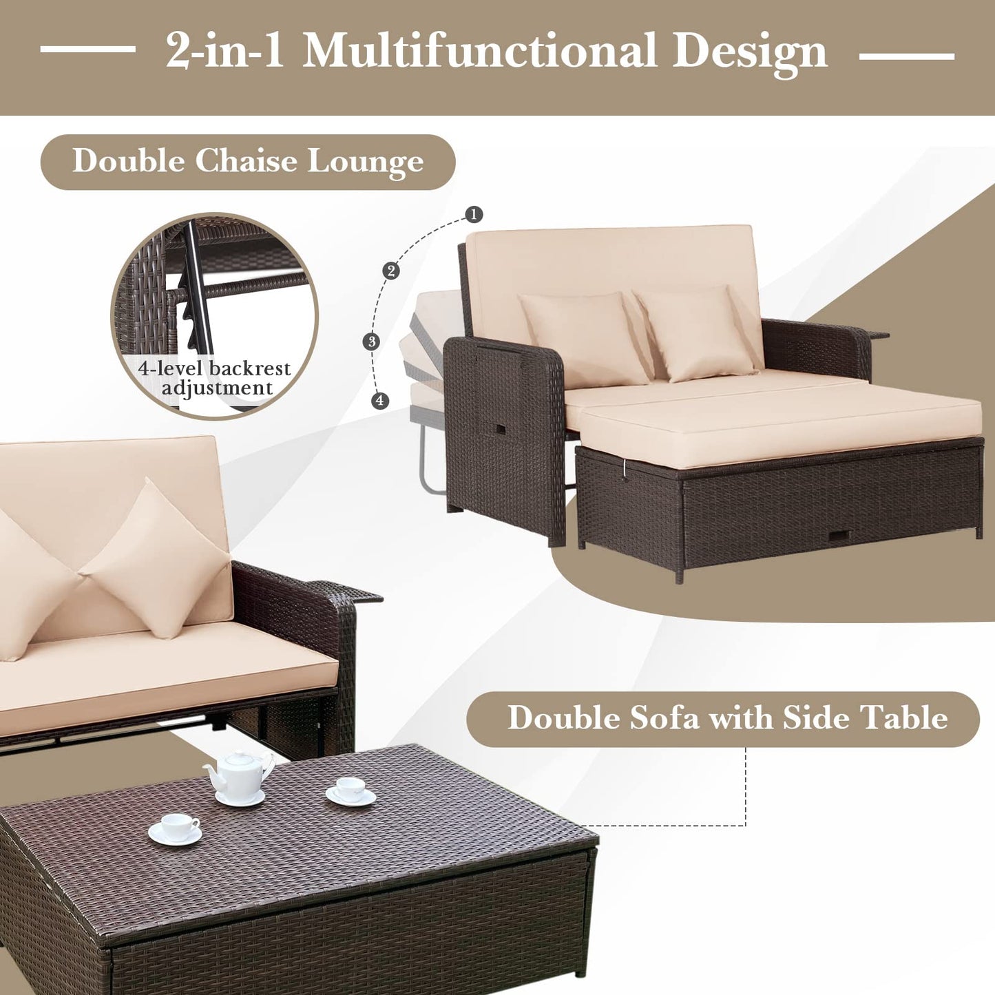 Tangkula Patio Rattan Daybed with 4-Level Adjustable Backrest, Outdoor PE Wicker Loveseat with Storage Ottoman & Folding Side Tray, Double Sunbed Lounger for Balcony, Backyard & Poolside