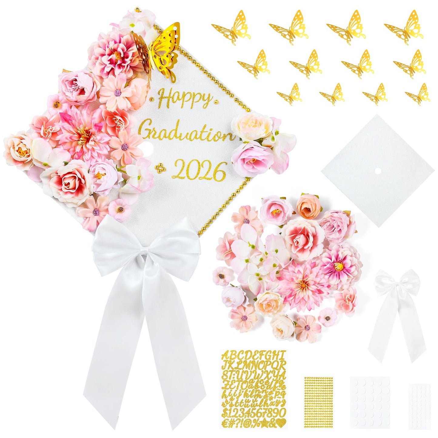 Brikabia Graduation Cap Decorations Kit 2026-39PCS Grad Cap Decorations for Graduation with Faux Flowers, 3D Butterflies, Letter Stickers, Glitter Paper, Satin Hair Bow for DIY Grad Hat Topper