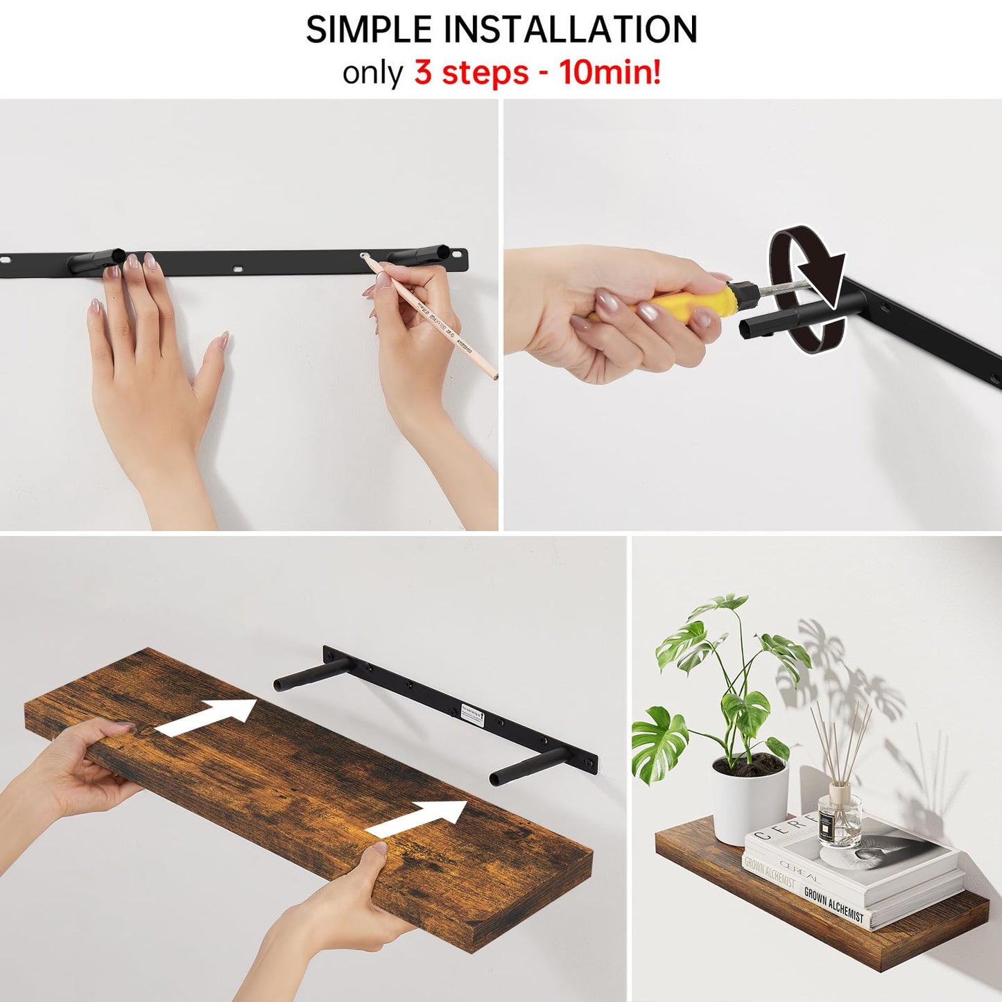 BAYKA Floating Shelves Set of 2, 22.5 inches Farmhouse Rustic Wood Wall Mounted Shelves for Bathroom, Bedroom, Living Room or Kitchen, Hanging Shelf Decor Book with 22lbs Capacity, Rustic Brown