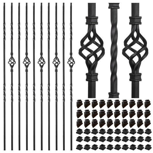 30 Pack Staircases Iron Balusters -1/2'' Square Hollow Metal Spindles with Single Basket and Double Twist Design, Includes 30 Flat Shoes & 30 Angle Shoes