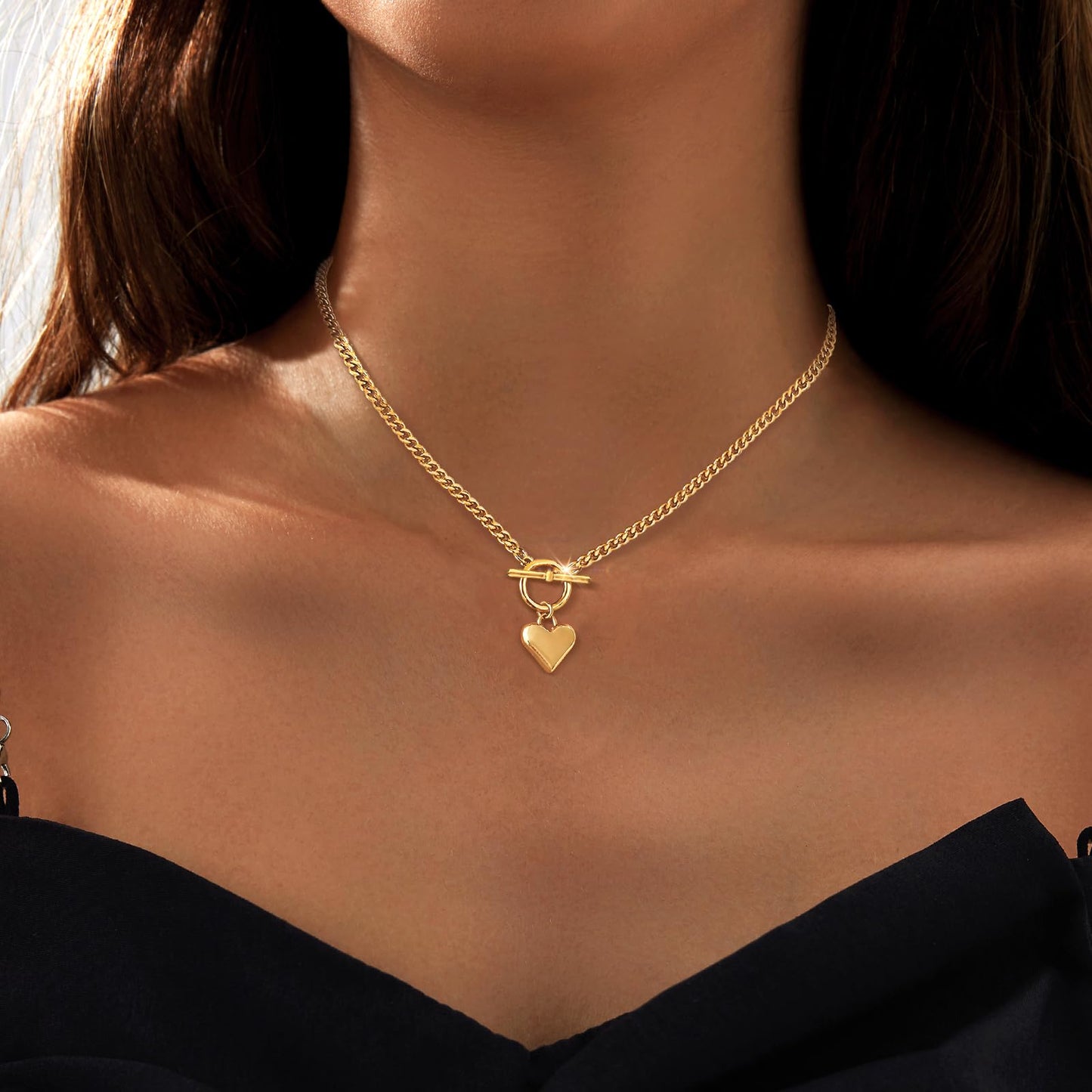 Zeffy Gold Chunky Puffy Heart Necklace Big Heart Chain Link Necklace Toggle Clasp Heart Charm Necklaces Birthday for Women Jewelry