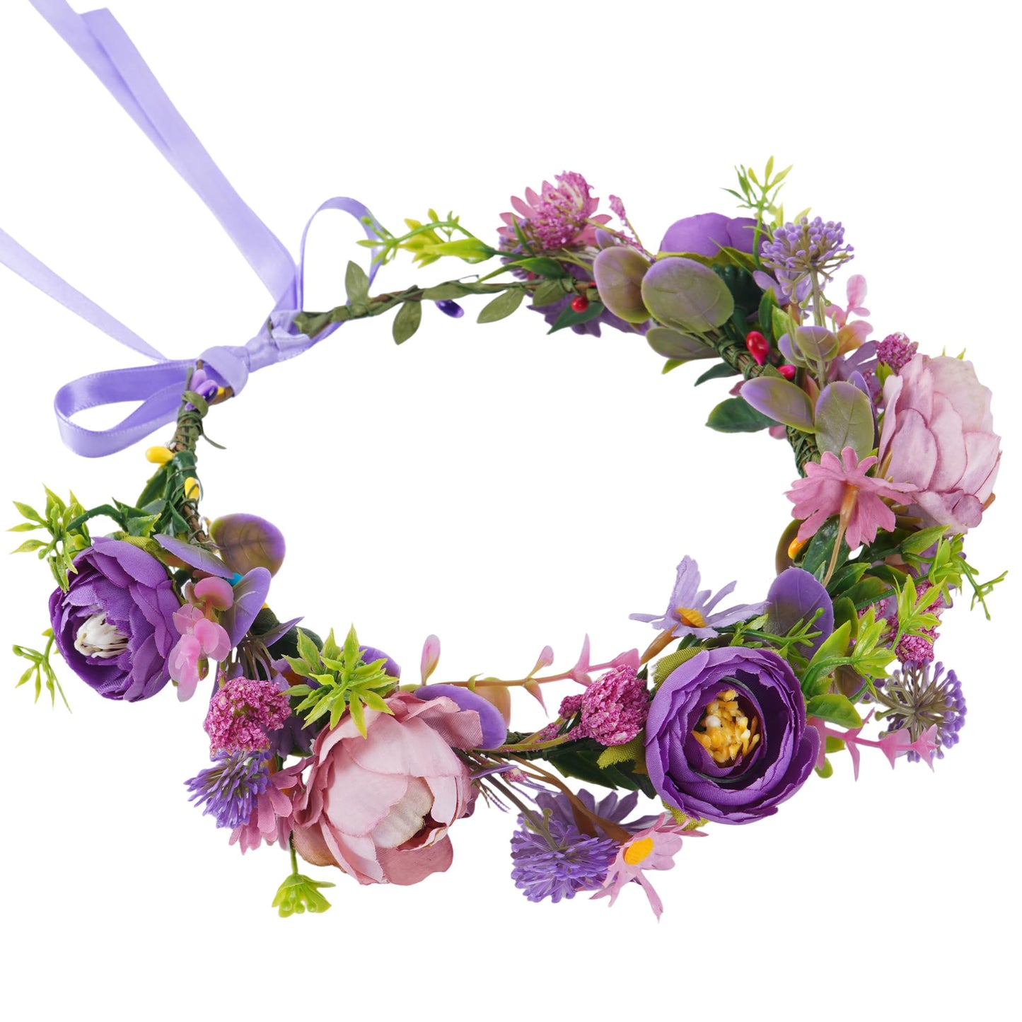 KorViSHOW Purple Flower Crown Headband, Artificial Fairy Daisy Floral Headpiece, Forest Boho Bridal Flower Crown for Women Girls Maternity Renaissance Weeding Festivals Birthday Hair Accessories