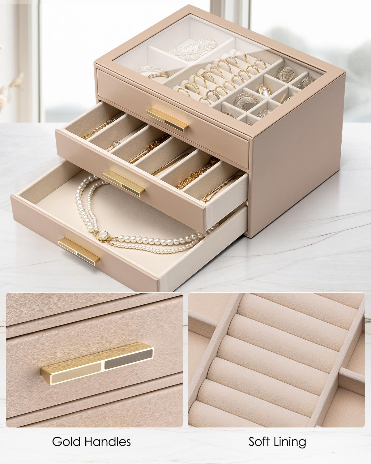 VLANDO 3 Layer Jewelry Box for Women, Mothers Day Gifts for Women, Glass Lid Jewelry Organizer with 3 Drawers for Necklaces Rings Earrings Bracelets - Toffee