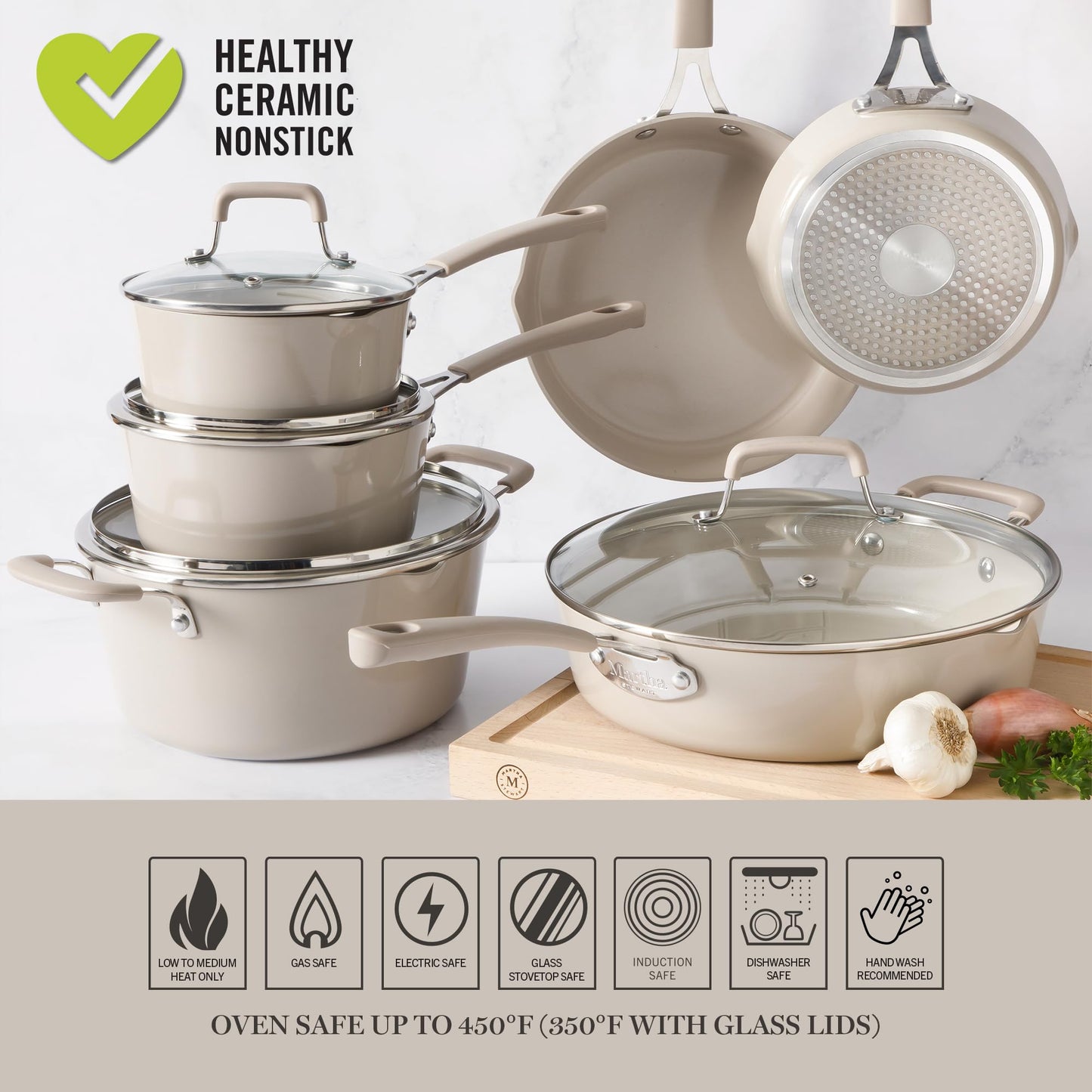 Martha Stewart Heathland Premium Nonstick PFA Free Ceramic Interior 10-Piece Tapered Aluminum Cookware Set - Taupe