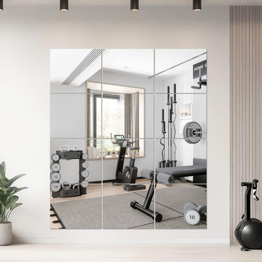 WRSION 12PCS 14"x12" Home Gym Mirror, Wall Mirrors Decorative Shatterproof Self Adhesive Glass Mirror Tiles for Gym, Bedroom, Bathroom, Living Room