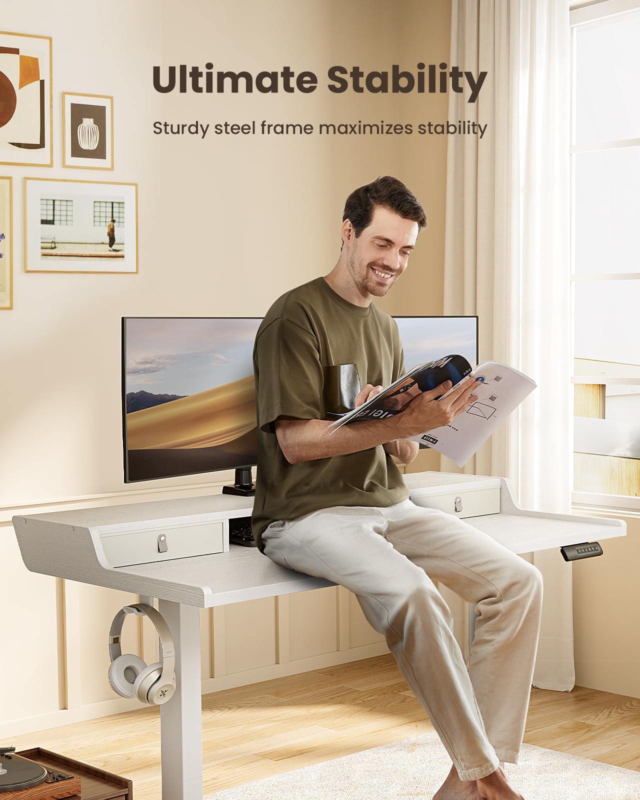 ErGear Electric Standing Desk with Drawers, 48″ x 24″ Gaming Table Compatible Monitor Stand, Stand up Desks, Home Office Height-Adjustable Desk with Storage Shelf, 4 Preset Heights, White