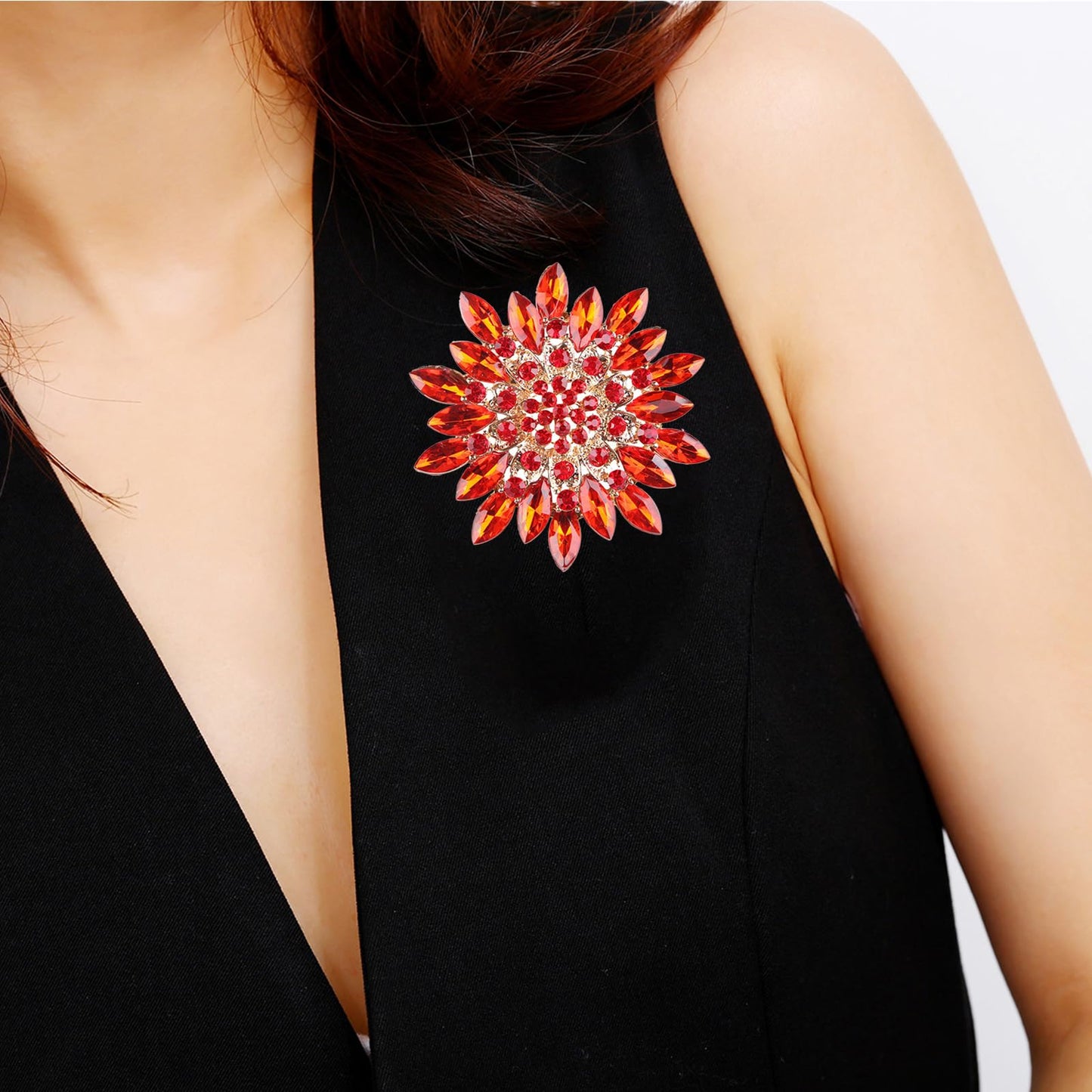 Rhinestone Large Flower Brooches Pins for Women Fashion Sparkly Crystal Sunflower Statement Brooch Wedding Party Suit Dress Formal Jewelry Accessories (red)
