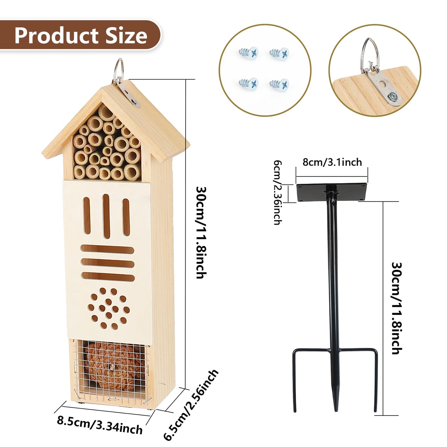 Wooden Insect House, Bee House with Metal Stake for Garden, Natural Ladbugs Habitat & Butterfly Hotel on The Ground or Hanging on Tree Wall (Pine, 3.34'' x 2.56'' x 11.8'', 11.8'' H Stake)