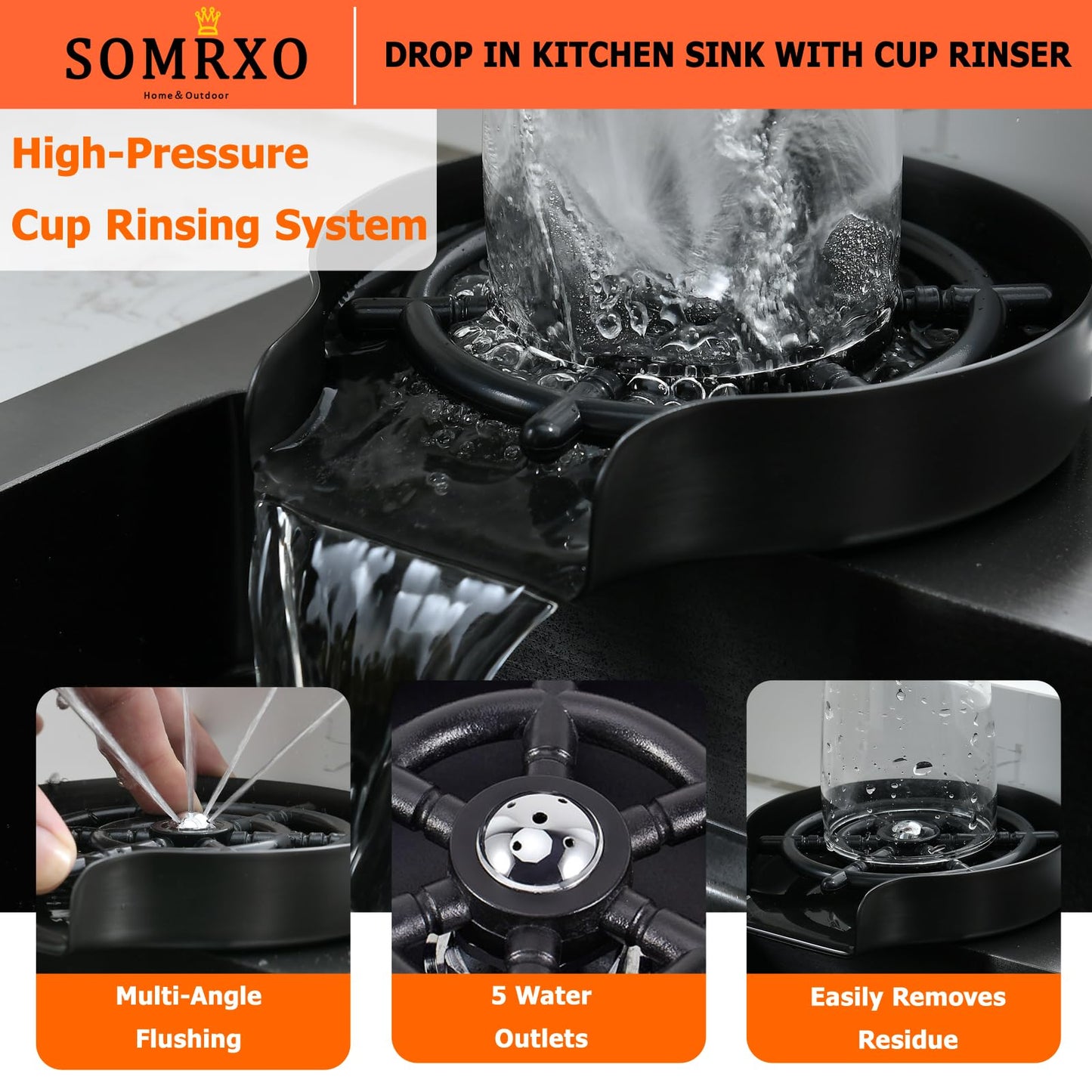 SOMRXO 33x22 Drop In Kitchen Sink and Faucet Combo Set, Black Stainless Steel Kitchen Sink with Cup Washer,9 Inch Deep Single Bowl with Accessories, Heavy-Duty & Easy-Clean Design