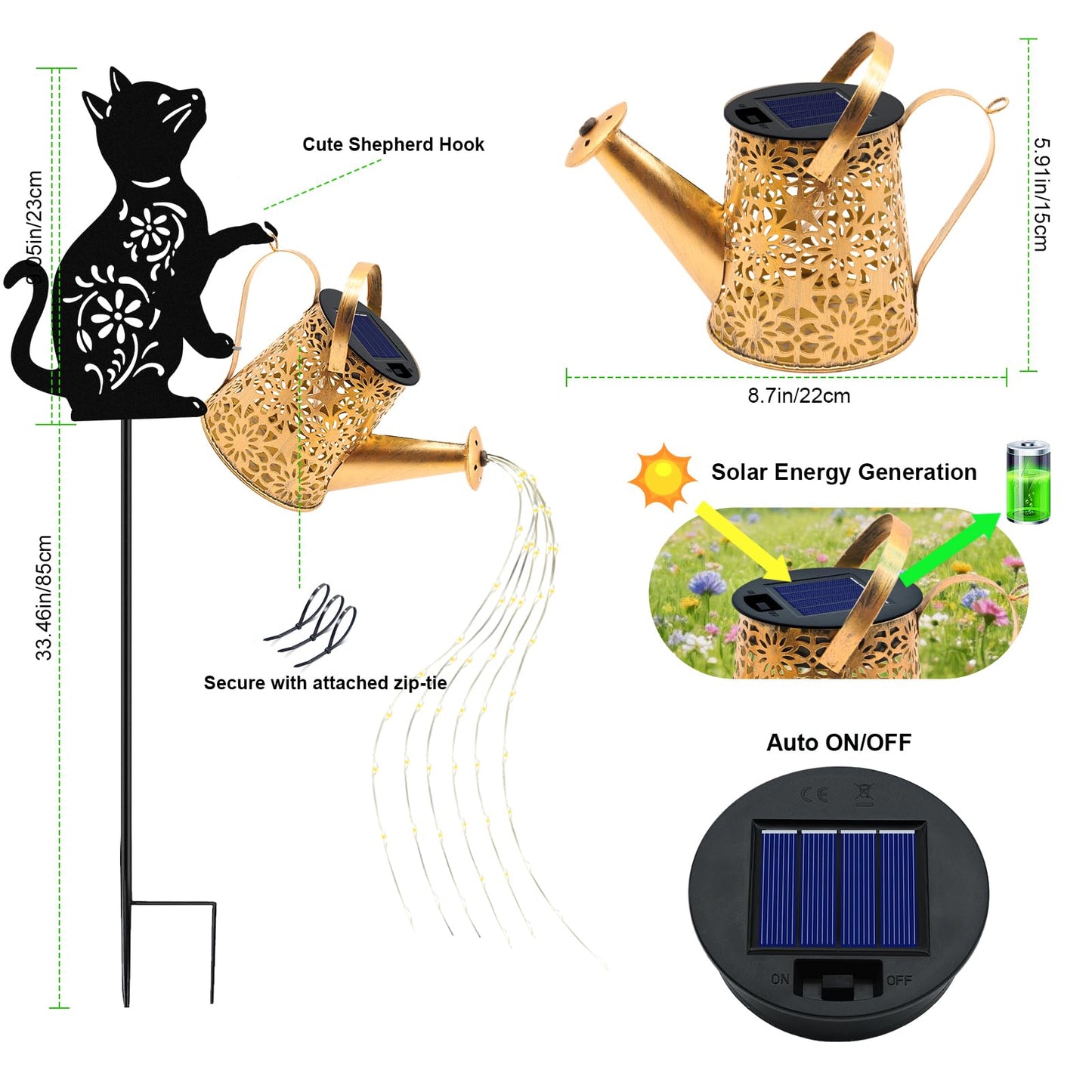 Solar Lights Outdoor, 2 Pack Black Cat Solar Watering Can Lights, Birthday Gifts for Women Mom Cat Lover Mother's Day Christmas, Waterproof Hanging Lantern Garden Decor Outside Patio Yard Pathway