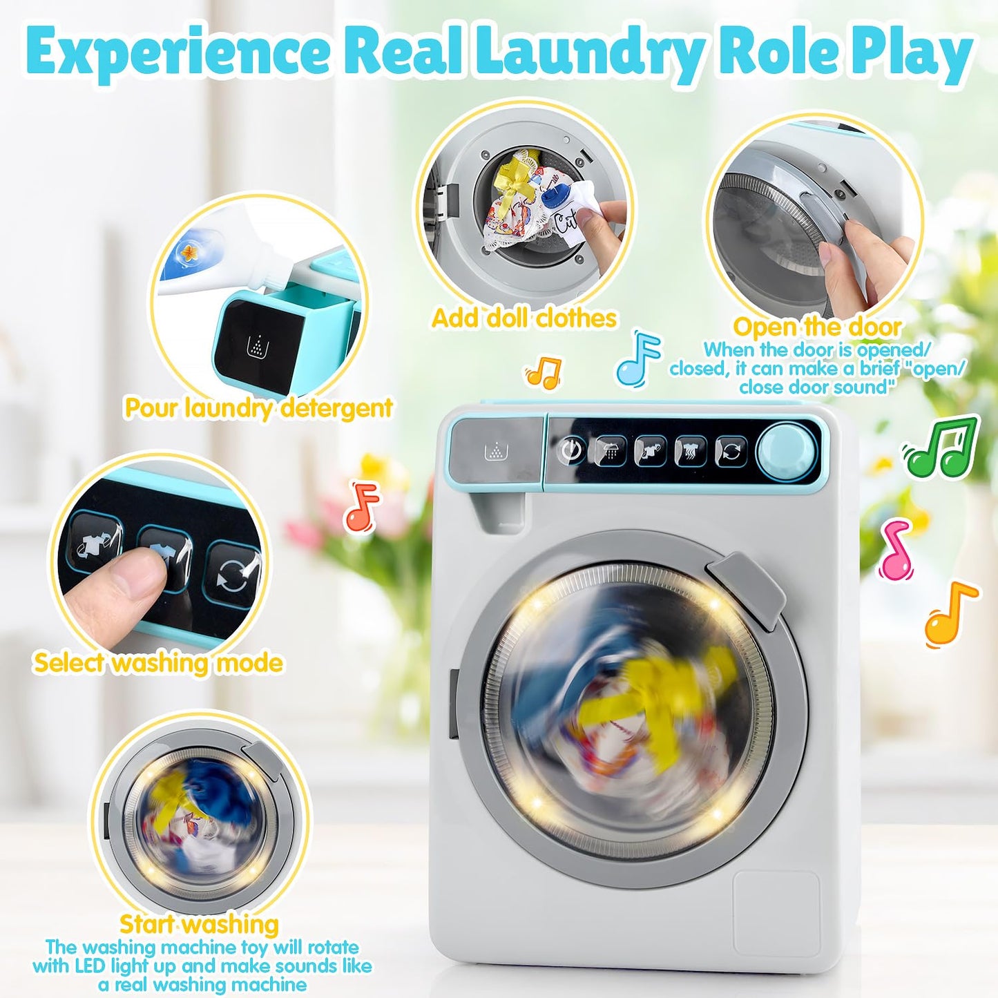 Kids Toy Washing Machine, Realistic Pretend Play Appliance for Girls, Interactive Toy Dollhouse Furniture, Play Washer and Dryer Playset with Spinning Drum, Light & Sound Effects, Laundry Basket Set