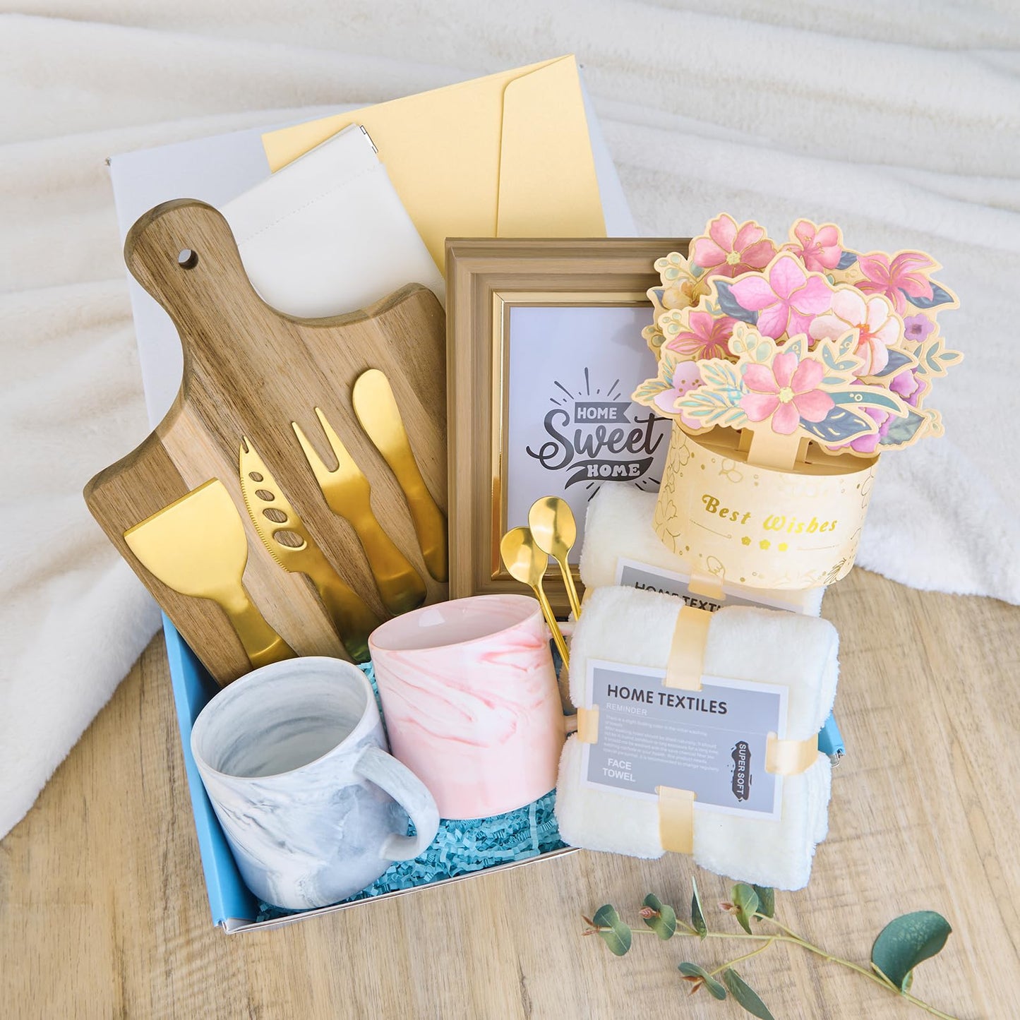 15Pcs Luxury House Warming Gifts New Home, Housewarming Gift Basket for Couples Friends First Apartment, Closing Gifts for Home Buyers, with Unique 3D Card Acacia Cutting Board Gold Cheese Knives