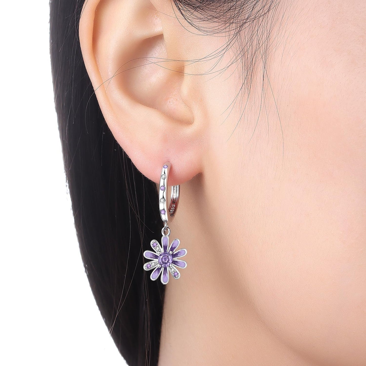 vireau 925 Sterling Silver Drop Earrings Dragonfly Flower Moon Star Dangle Earrings Hypoallergenic Sterling Silver Earrings Jewelry for Women (Purple Daisy)