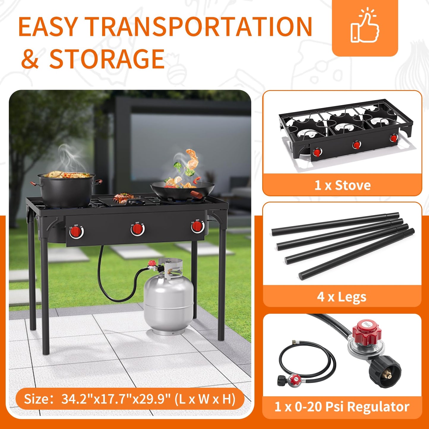 ADREAK High Pressure Propane Burner, 3 Burner Camping Stove with Detachable Legs, 225,000 BTU Propane Gas Stove Burner with 0-20 PSI Regulator for Camping, Tailgating, Backyard, Outdoor Cooking