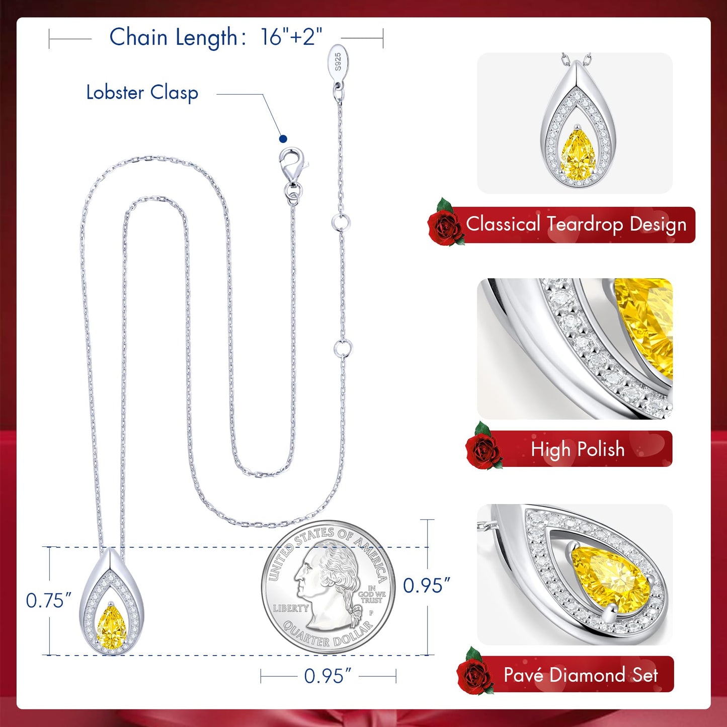 Kstyle 925 Sterling Silver Citrine November Birthstone Pendant Necklace Teardrop Jewelry Valentine's Day Anniversary Birthday Gift for Mom Daughter Wife Girlfriend Non Tarnish