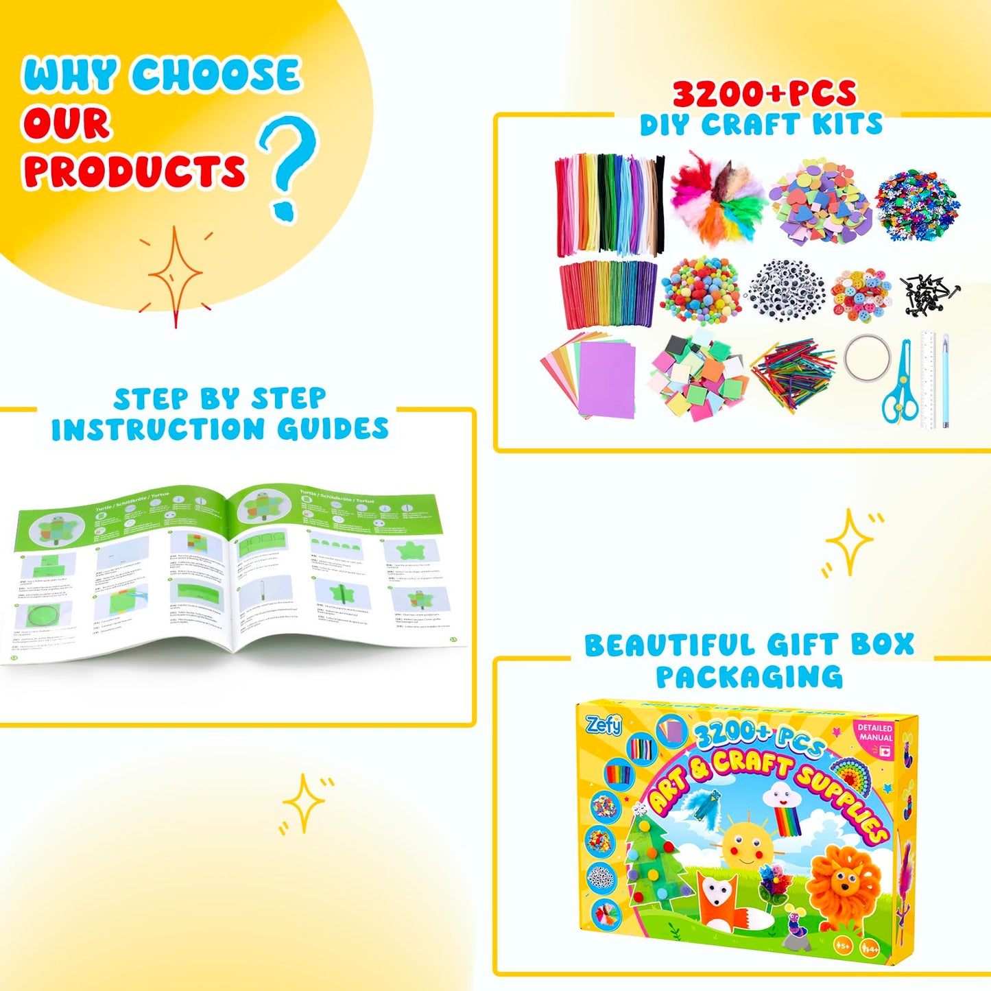 Zefy 3200+ Pcs Arts and Crafts Supplies for Kids, All in One Craft Kits with 12 Crafts Design, DIY School Supplies Kit Craft Box Easter Gifts for Girls Boys Ages 4-12