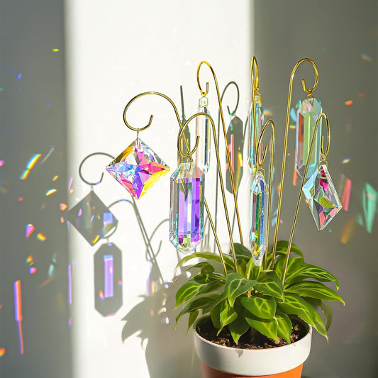 H&D HYALINE & DORA 7 Pack AB Colored Crystal Suncatcher Small Trellis Golden Plant Stake for Potted Plants Indoor Decoration 13.7 Inch