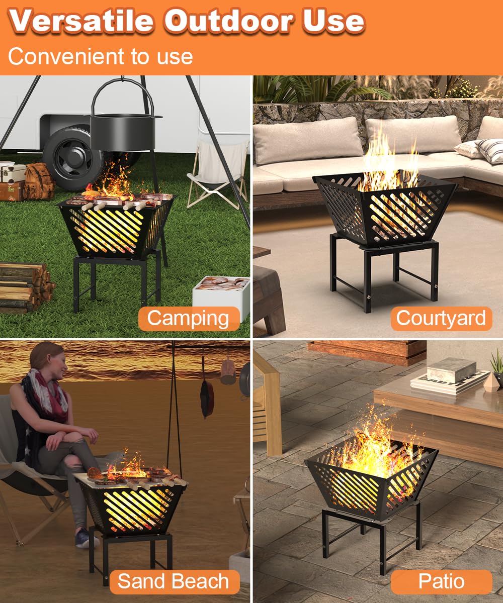 Mondazie Outdoor Fire Pit — 17 Inch Portable with Storage Bag for Camping, Patio Heating, Picnic and BBQ, Trapezoid Diagonal Hollow, Black