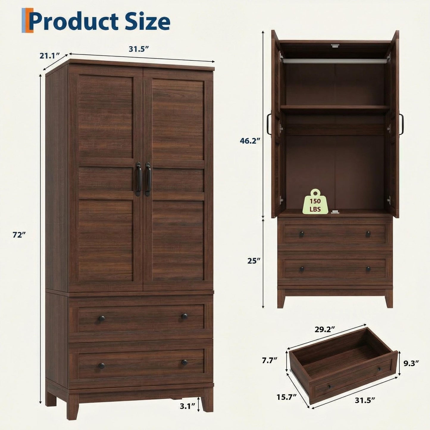IDEALHOUSE Armoire Wardrobe Closet with 2 Drawers, 72" Tall Wooden Clothing Wardrobe with Hanging Rod & DIY Adjustable Shelf, Heavy Duty Bedroom Armoire Storage Cabinet with Doors, Walnut