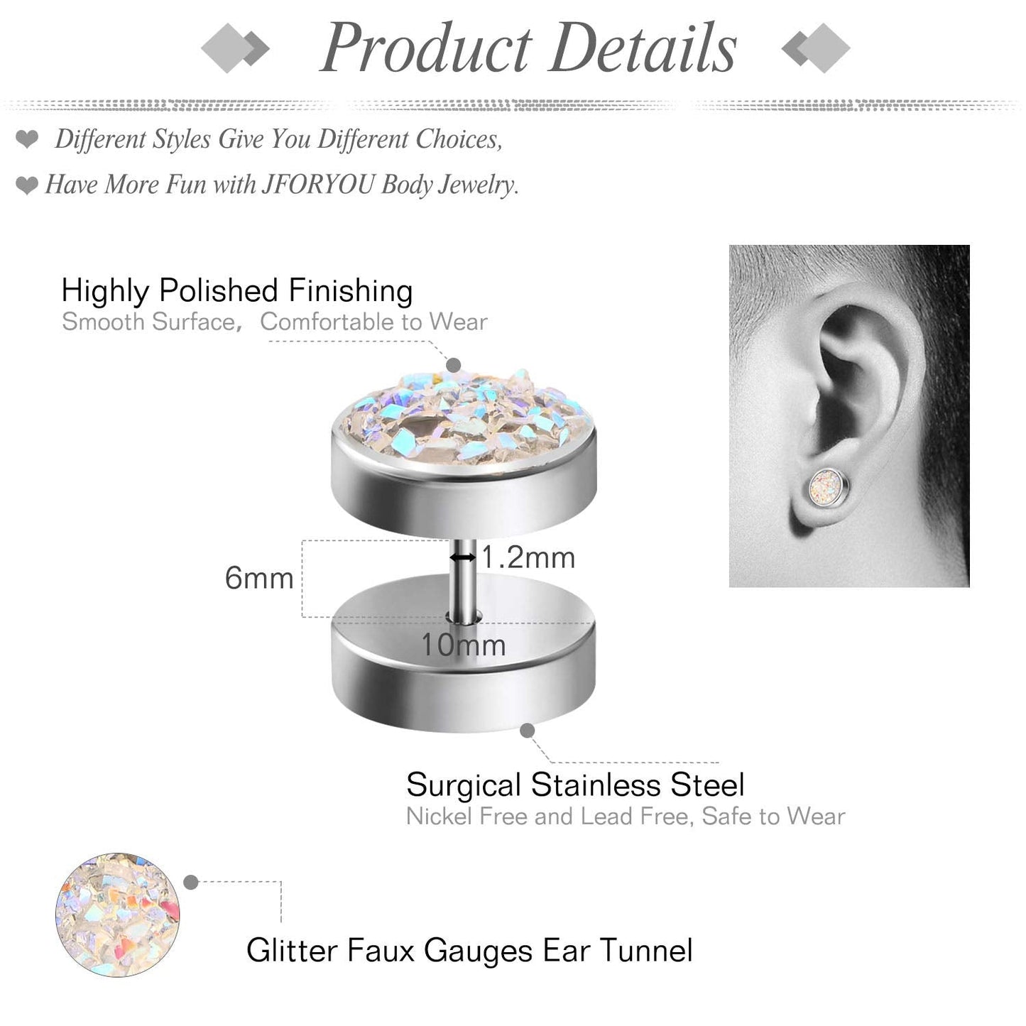 JFORYOU 6 Pairs Round Stud Earrings Stainless Steel Druzy Studs Earrings Set for Women Mens Faux Fake Cheater Ear Plugs Gauge Punk Style