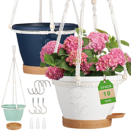 3 Pack Hanging Baskets Set, Hanging Planters for Indoor & Outdoor Plants, Self-Watering Hanging Pots with Removable Tray&Drainage Holes, Flower Pots for Home Garden Decor 10 Inch (Multicolor)