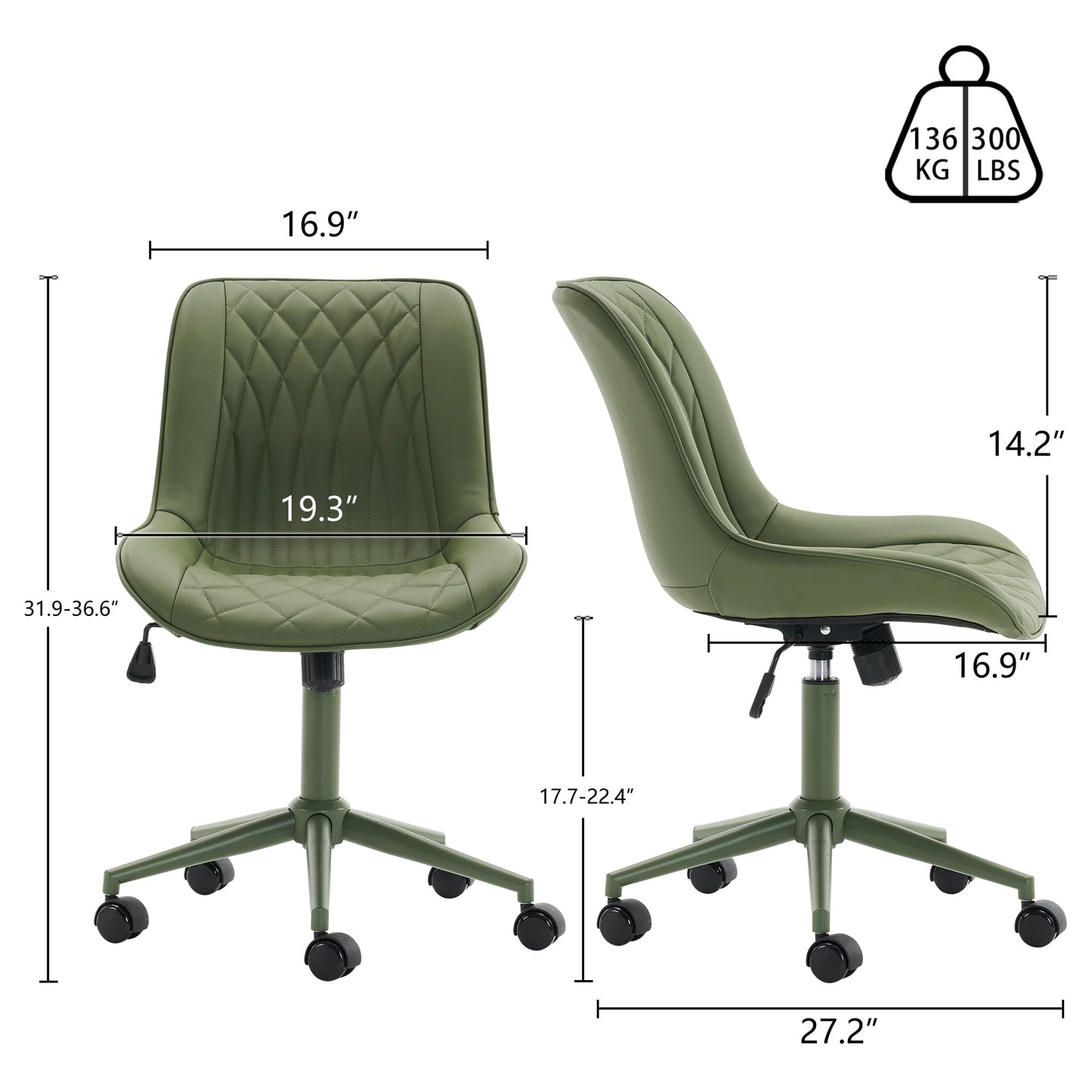 YOUNIKE Home Office Desk Chair with Wheels Armless Vanity Chair with Back Comfy Modern Leather Upholstered Rolling Task Chair Swivel Small Cute No Arms Wide Adjustable Ergonomic All Green