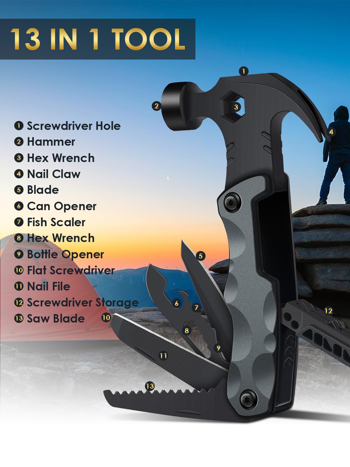 Fathers Day Dad Gifts from Daughter Son Wife, 13 in 1 Hammer Multitool, Cool Camping Accessories Survival Tools, Unique Birthday Present Ideas Gifts for Men, Husband, Grandpa, Step Dad, Him
