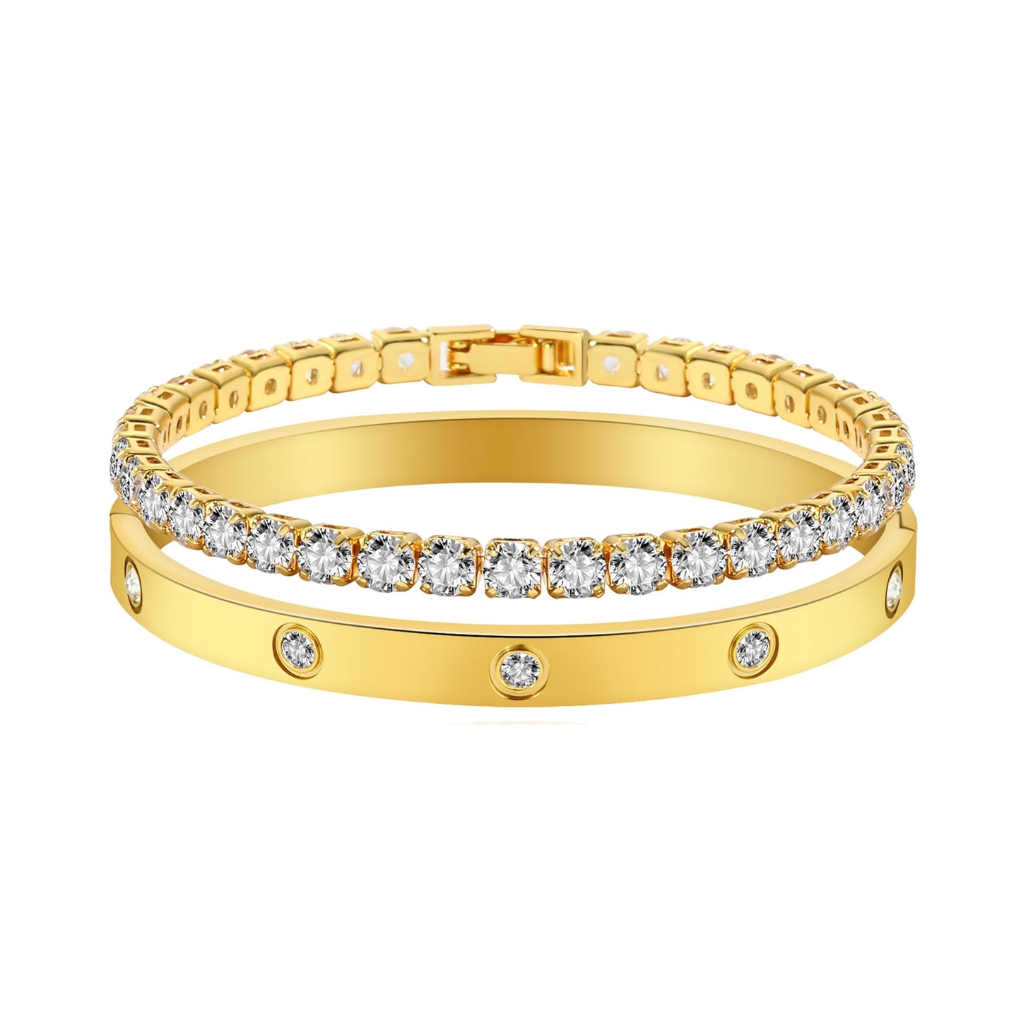 Jade cabbage Gold Bracelets for Women 18K Gold Plated Love Friendship Bracelet With Cubic Zirconia Cuff Bangle Jewelry Set Witness the Gift of Love (6mm gold 2pcs-B Medium 6.5")
