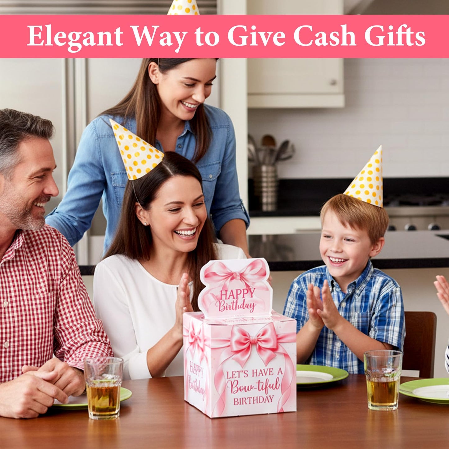 Ajcotahm Birthday Money Pull Box, Pink Bow Birthday Money Gift Box for Cash Birthday Surprise Boxes with 50 Transparent Bags Birthday Party Decorations for Women Girls