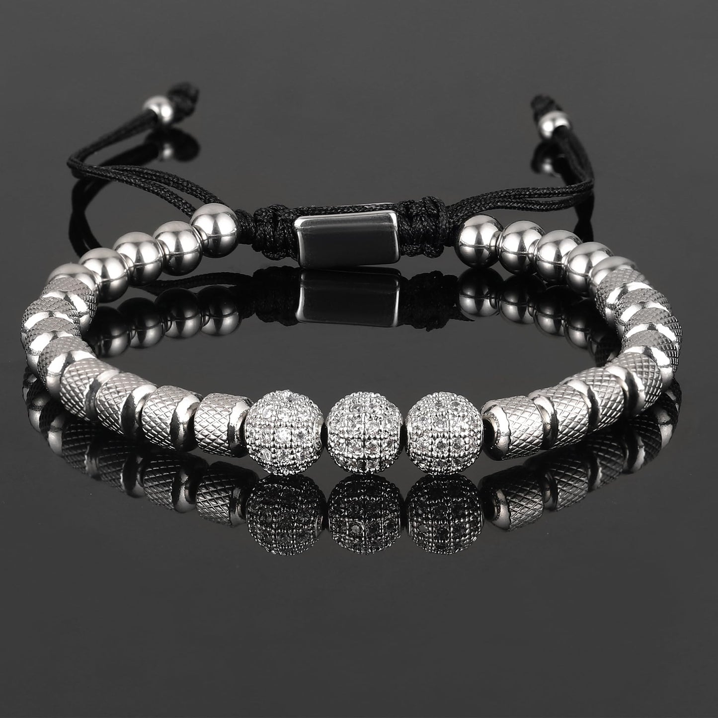 WFYOU 3PCS Stainless Steel Bracelets for Men Gold Roman Numeral Bangle Bracelet Twisted Cable Bracelet Adjustable Cuff Bracelet Mens Luxury Jewelry Bracelets Gifts(N:Silver-CZ Round Beads)