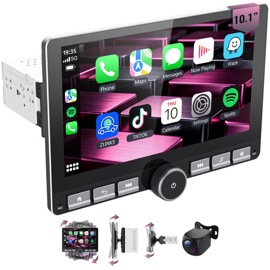Haudio 10.1" 360° Rotatable Touchscreen Car Stereo with Wireless Apple CarPlay & Android Auto, Features GPS Navigation, DSP Hi-Fi Sound, Voice Control, Backup Camera,1080P Support & APK Management