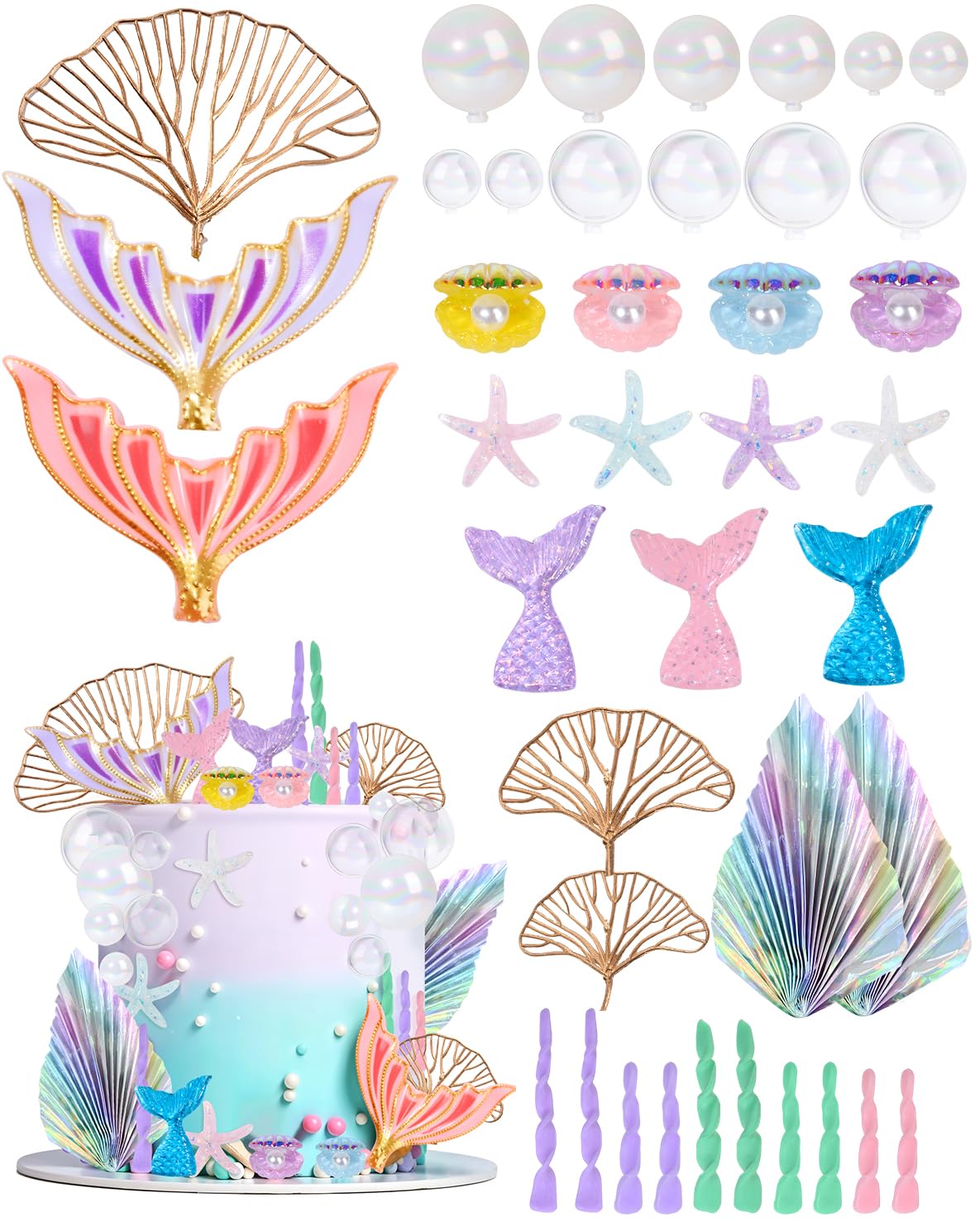 Glavatrix Mermaid Cake Toppers, 40-Piece Under the Sea Cake Decor Set, Seaweed, Bubbles, Tails, Starfish, Shells, Origami, Golden Ginkgo Leaves, for Birthday Mermaid Theme Party Supplies