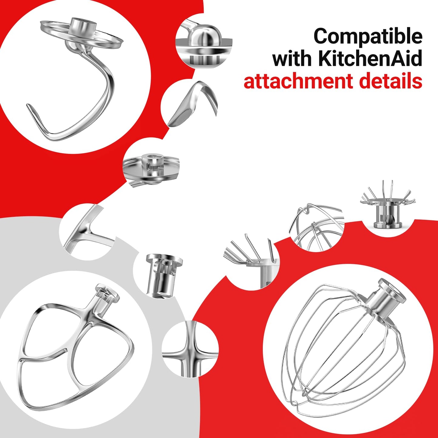 Stainless Steel Kitchen Mixers Accessories Compatible with KitchenAid Mixer and 4.5-5 Qt Bowl. K45WW 6-Wire Whip, 4.5-5QT Flat Beater Paddle, 4.5-5QT Dough Hook Attachment Dishwasher safe
