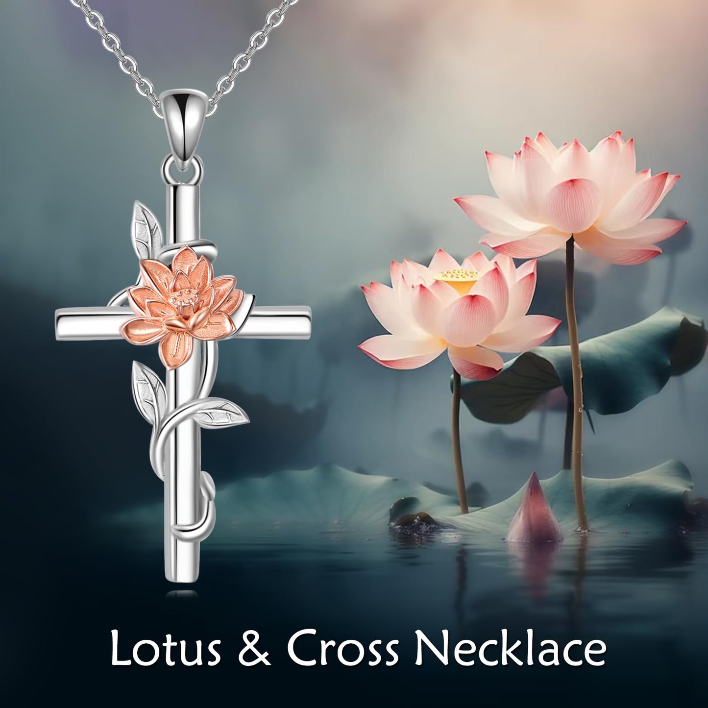 Lotus Flower Necklace 925 Sterling Silver Lotus Flower Cross Necklace Birth Flower Jewelry for Women (Lotus)