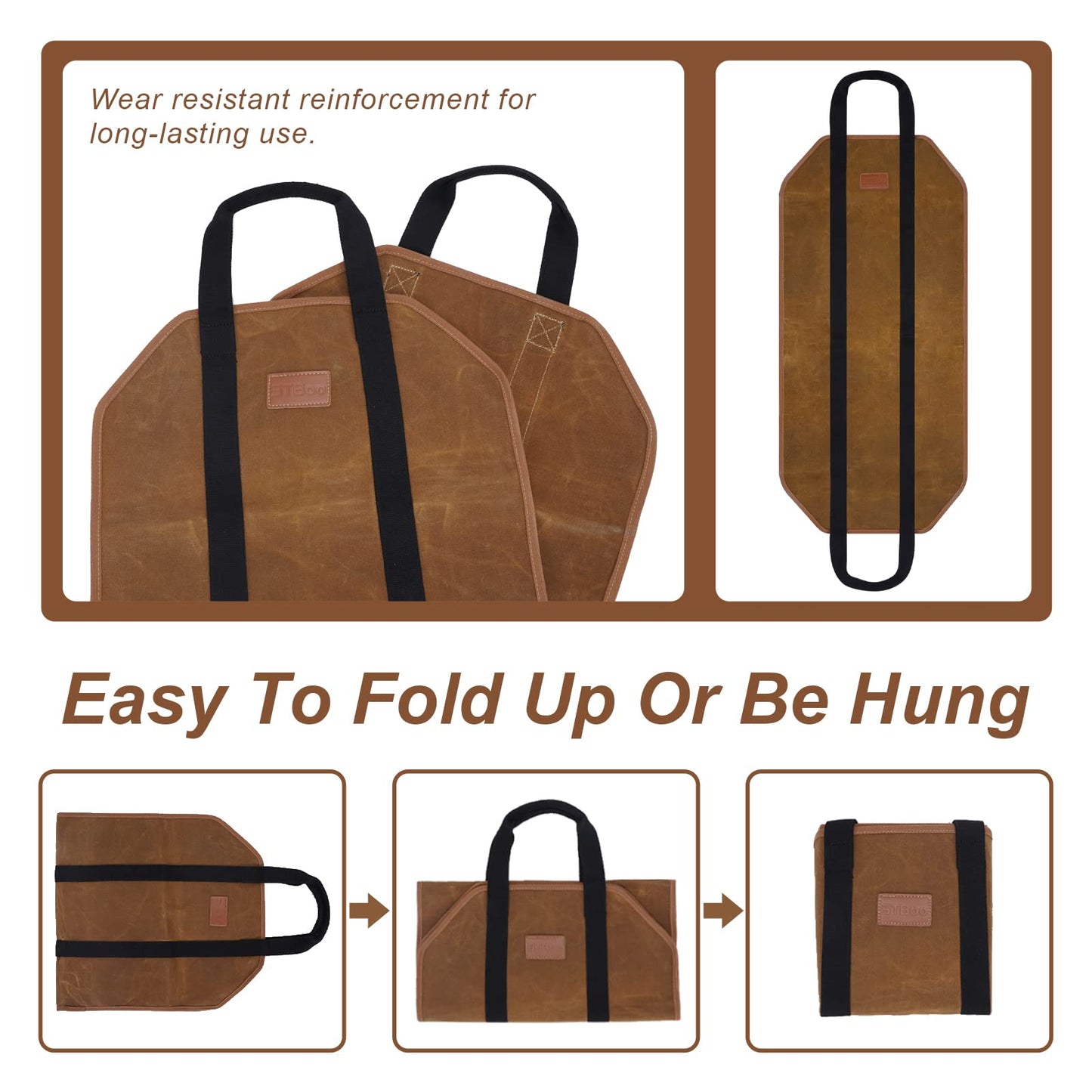 Waxed Canvas Firewood Log Carrier, Heavy Duty Sturdy Large Log Tote Bag for Fire Wood, Firepit Outdoor Camping, BBQ, Fireplace, Wood Stove Accessories,Brown