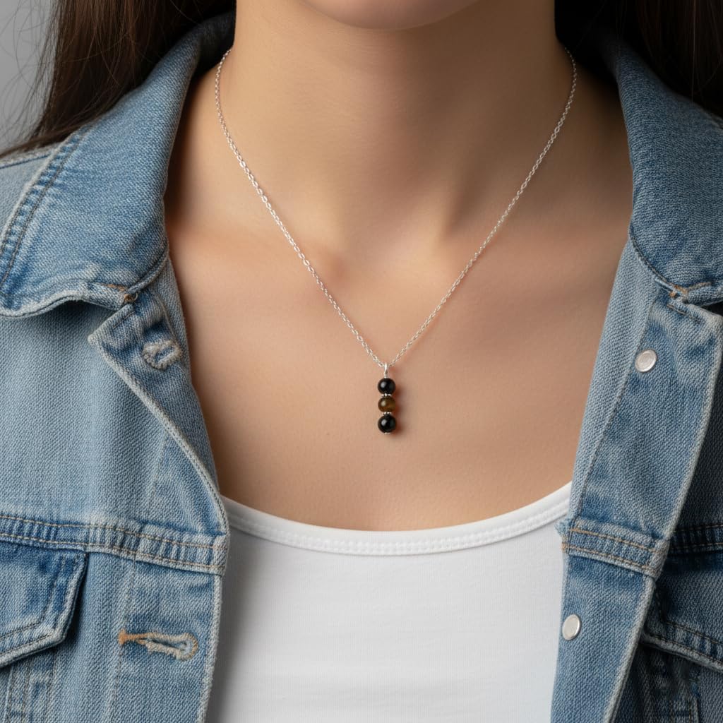 925 Sterling Silver Triple Protection Necklace, Handmade Healing Jewelry for Luck Prosperity Happiness, Natural Hematite Tiger Eye and Black Obsidian Pendant, Spiritual Gift for Men or Women