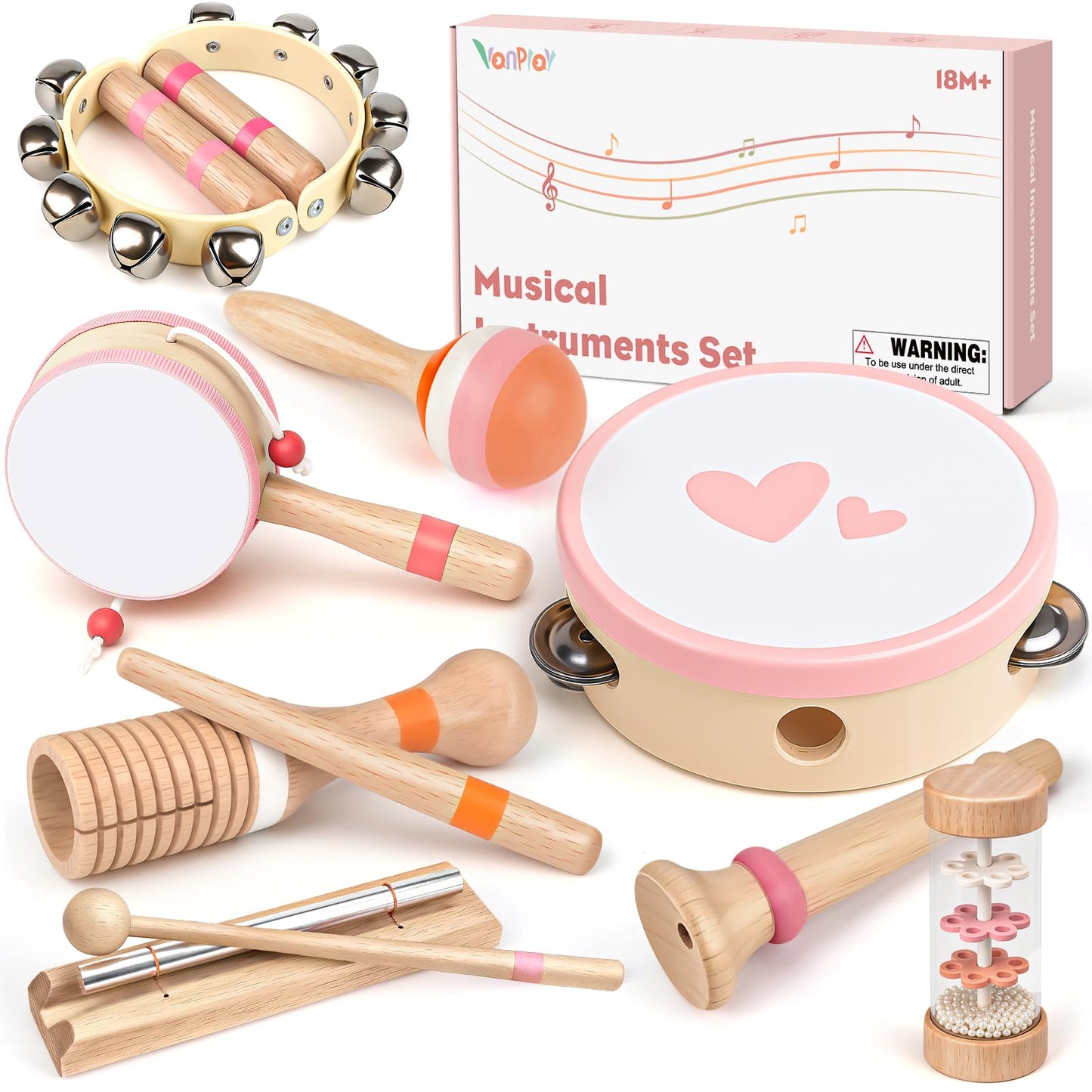 Musical Toys for 2 3 Year Old Girl Birthday Gifts, Wooden Montessori Toys for 2 Year Old, 8 in 1 Musical Instruments for Toddlers with Drum/Hand Bells/Flute/Maracas, Preschool Toys for Baby 18+ Months