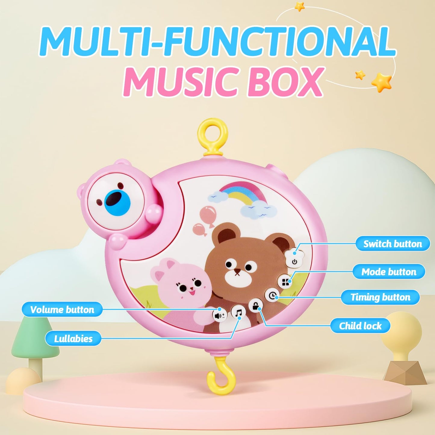 RSEPD Crib Mobile with Music and Lights, Baby Mobiles for Cribs, Nursery Musical Mobile for Bassinets Toys Hanging Girls Boys, Pack and Play Space Portable Animal Mobile Hanger Arm Clip On Attachment