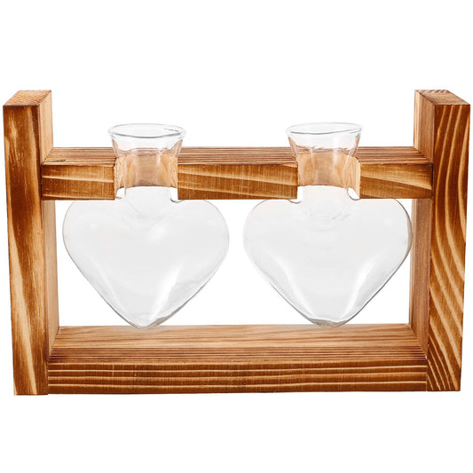 Mobestech Glass Vase with Wooden Stand Heart-Shaped Hydroponic Terrarium for Indoor Plants Desktop Plant Decor Home Vase Set with 2 Glass Containers