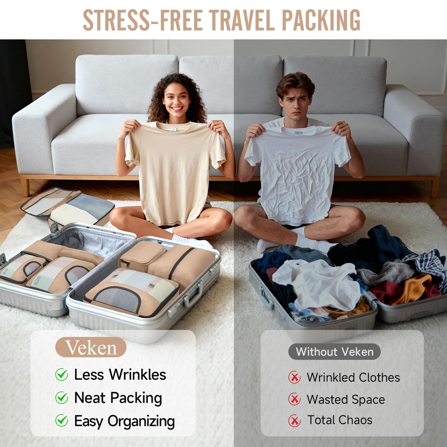 Veken 8 Set Packing Cubes for Travel Essentials, Suitcase Organizer Bags in 4 Sizes, Carry-On Luggage Accessories with Large Laundry & Hanging Toiletry Bag, Must-Have for Airplane, Road Trip & Camping