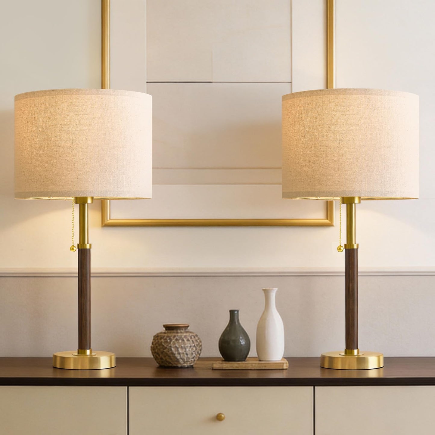 G-SAFAVA 22" Table Lamps Mid Century Modern Lamps for Bedroom Living Room Bedside Lamps for Night Stands Wood Nightstand Lamp Gold Small Side End Table Lamps Set of 2 Vintage Home Deco Office Gifts