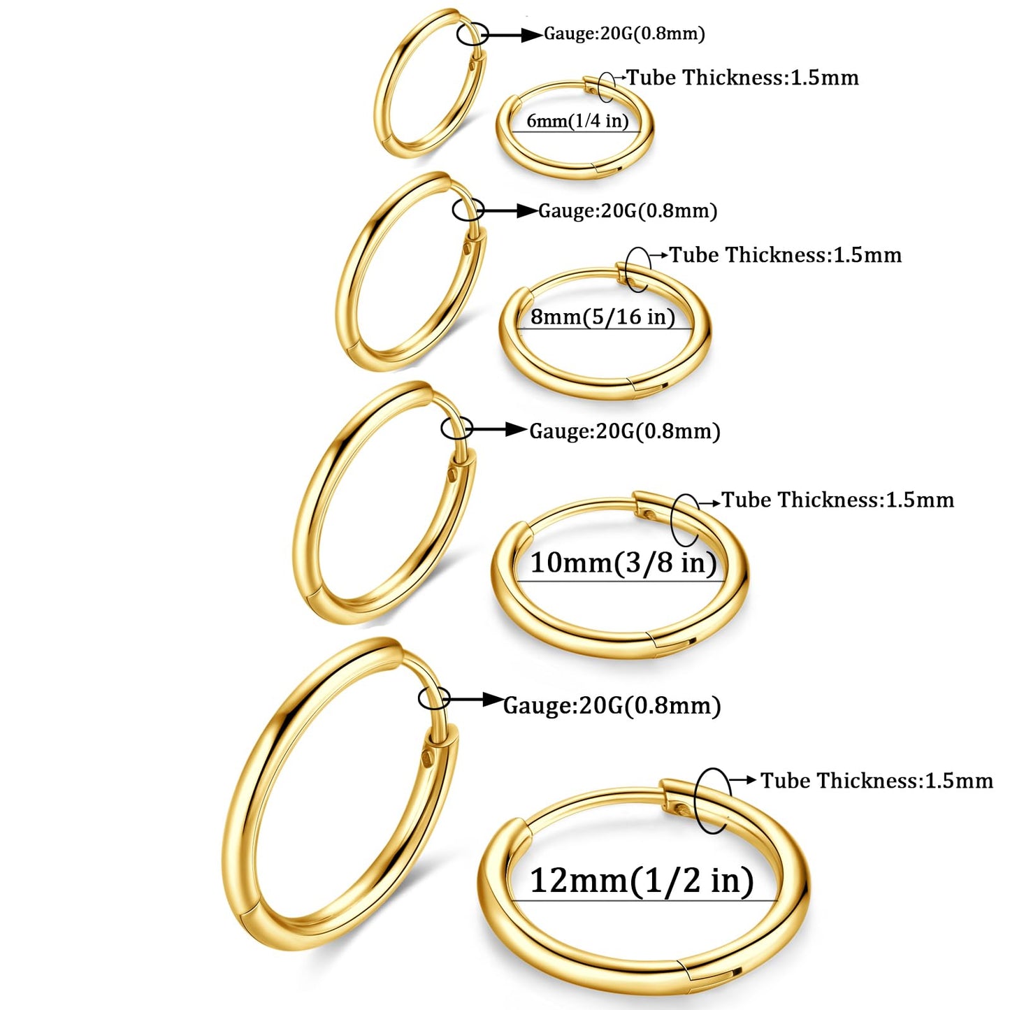 316L Surgical Stainless Steel Small Gold Hoop Earrings 6mm 8mm 10mm 12mm Hypoallergenic Cartilage Hoop Earrings Helix Lobes Hinged Sleeper Earrings For Men Women