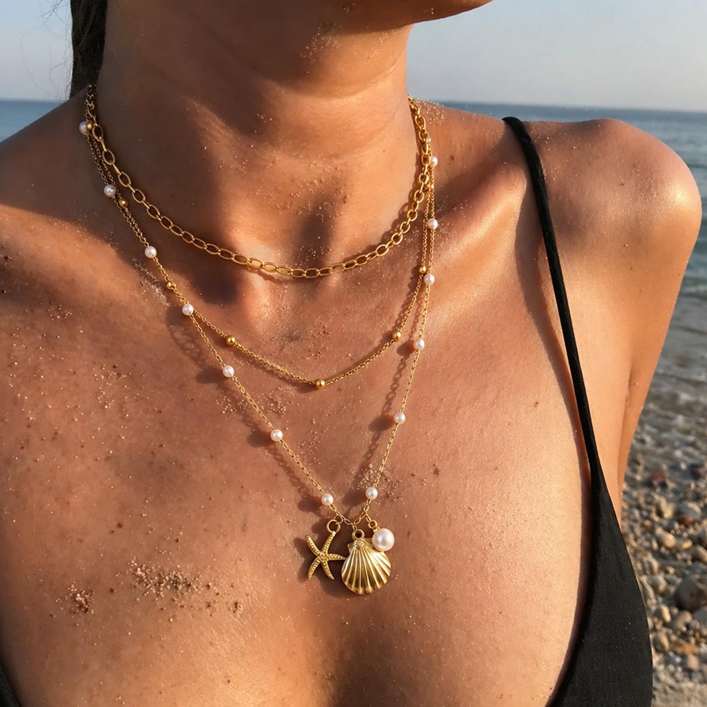Seashell Necklace Beach Starfish Layered Necklaces for Women Non Tarnish Waterproof Gold Necklace Stack Dainty Paperclip Cute Shell Pearl Pendant Ocean Charm Trendy Summer Beach Vacation Jewelry Gift (3pcs Starfish&Shell&Pearl)