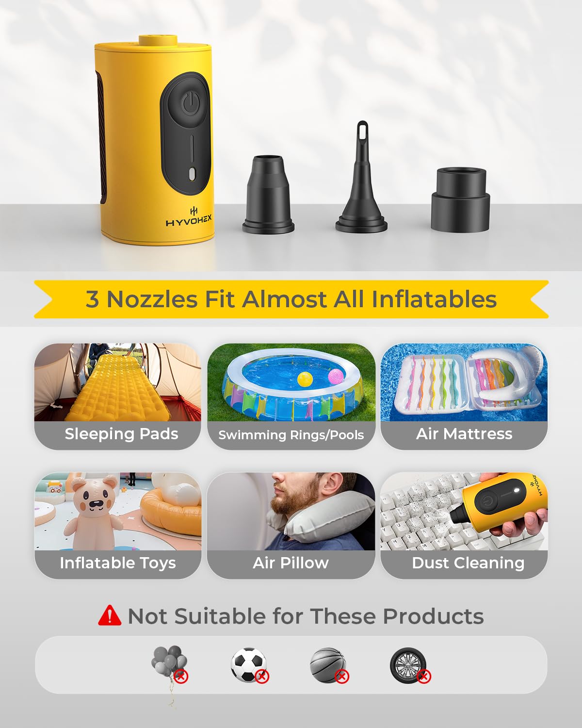 Portable Air Pump for Inflatables, 4000mAh Ultra Fast Air Mattress Pump with Advanced Heat Dissipation, 3 Nozzles Electric Air Pump Inflate Deflate for Sleeping Pads, Pool Floats, Vacuum Storage Bag