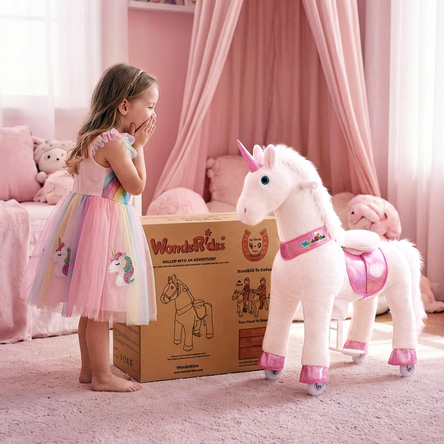WondeRides Ride on Unicorn Horse Rider Pony Cycle Toy, 30.1 Inch Height Riding Pony White Unicorn Toy Plush Rocking Mechanical Walking Animal with Wheels No Battery Size 3 for Kids 3-4 Years M332-1