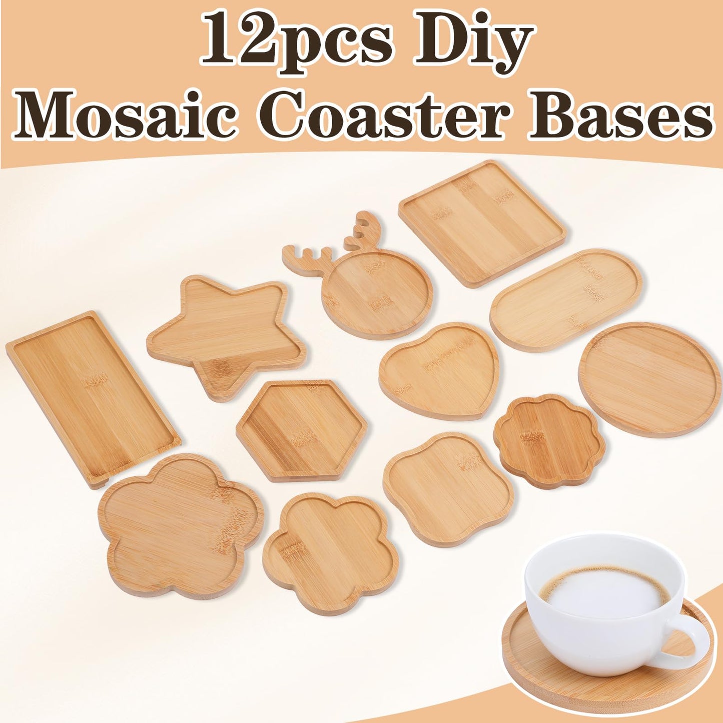 mekueeex 12pcs Mosaic Tiles for Crafts Wooden Coaster Bases Set, Mosaic Kits for Adults DIY Home Decor, Mosaic Kit with Bamboo Shapes for Glass Tile Art Projects, Round Square Hexagon Heart Star Deer