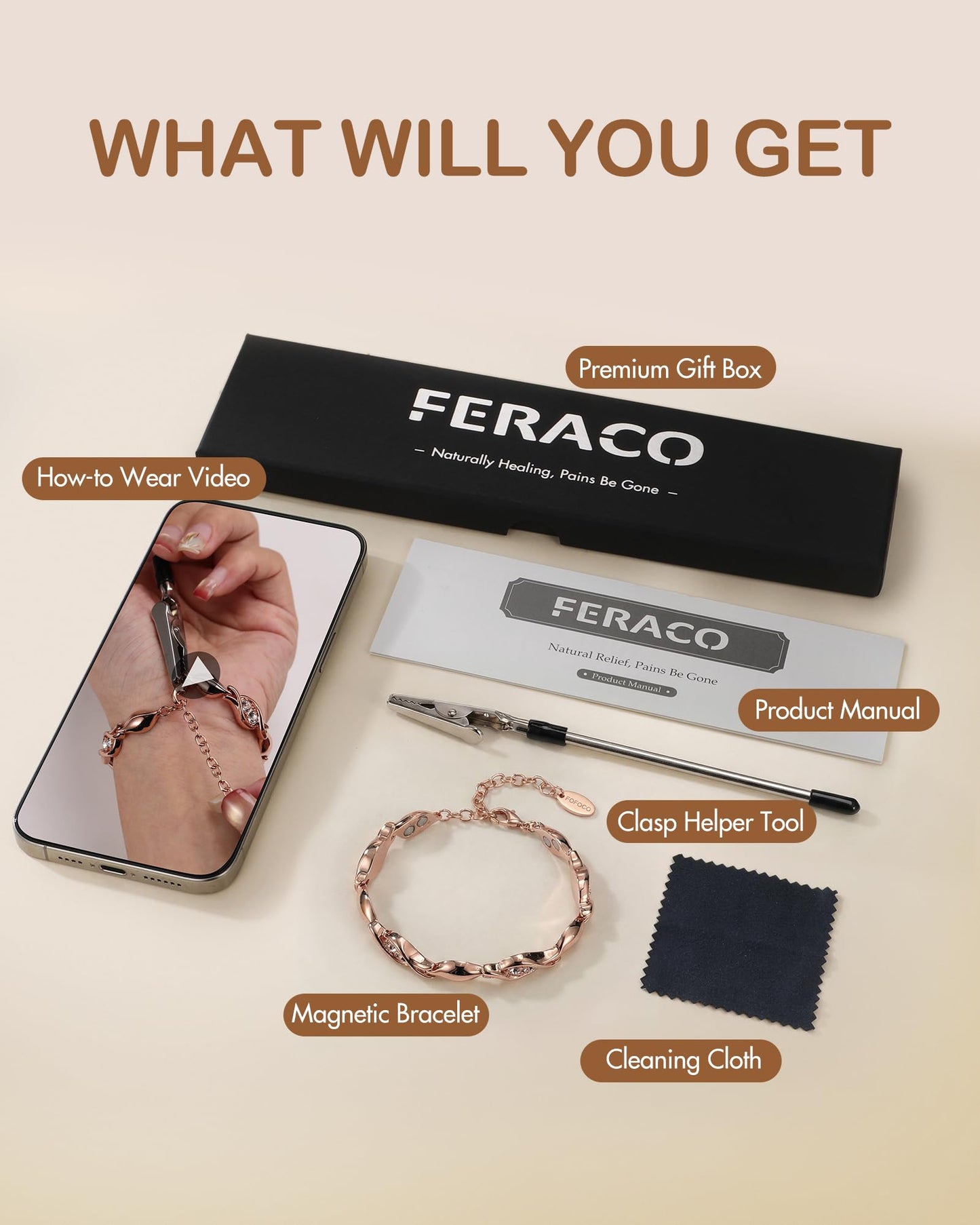 Feraco Pure Copper Bracelets for Women, Ultra Strength Magnetic Bracelet for Women with 3800 Gauss Magnet & Dazzling Austrian Crystals Stone, Copper Jewelry Gift (Rose Gold)