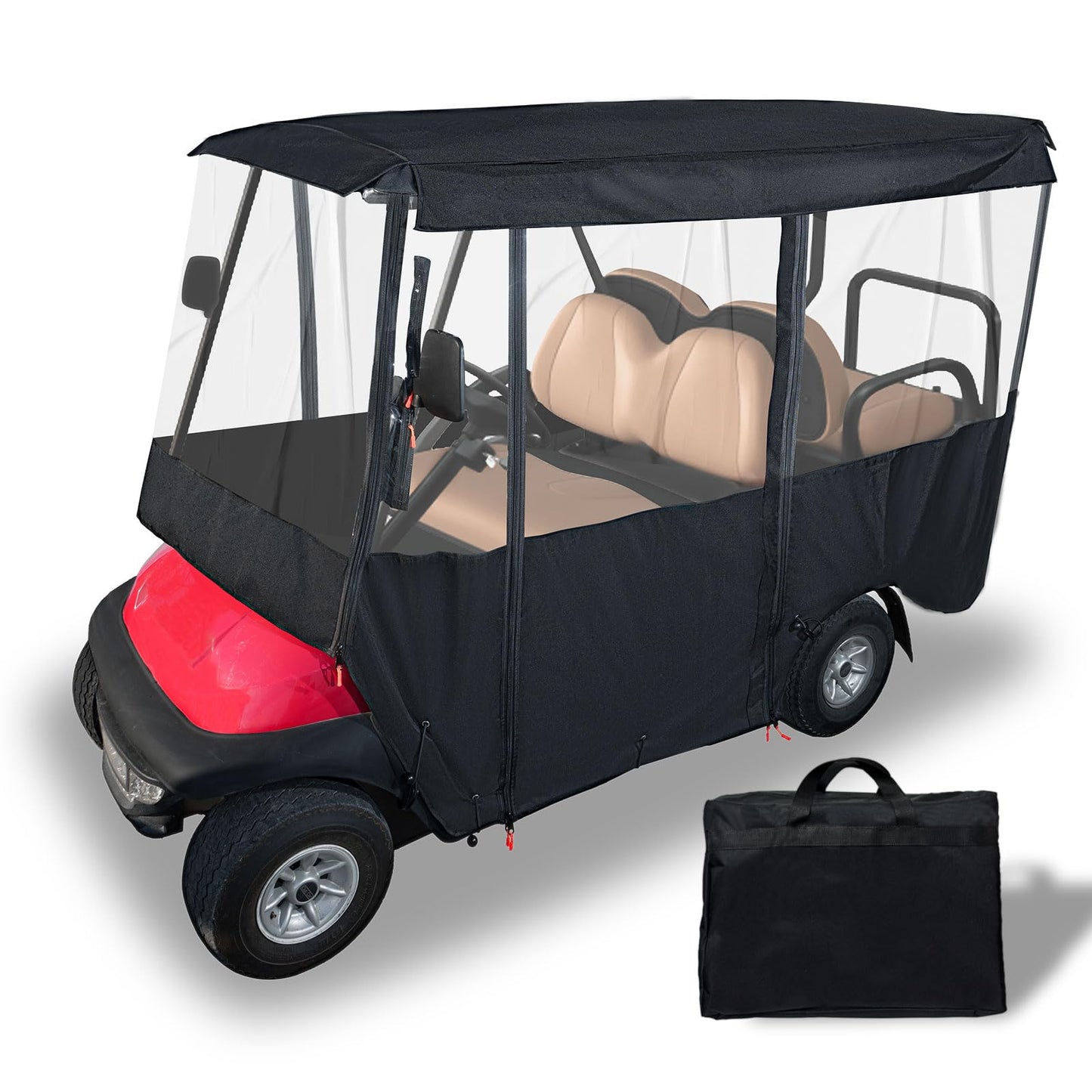 Tecoom Golf Cart Enclosure 2+2/4 Passenger, Golf Rain Cover 600D Waterproof Snowproof, 4 Door Zippers, 4-Side Clear Windows and 8 Windproof Hooks, Fit for EZGO, Yamaha, Club Car, Roof 82.7''L